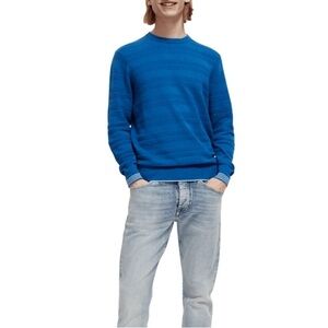 Scotch & Soda Blue Linen-Blended Crewneck Sweatshirt Medium